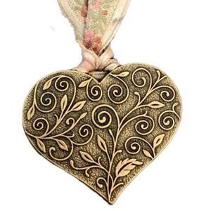 Victorian Style Brass Heart Pendant Choker Necklace - Floral Motif & Ribbon Ties